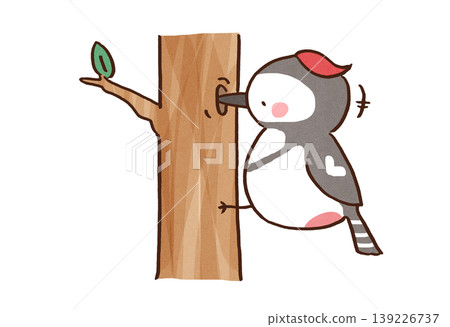 一幅啄木鳥勤奮地啄食一棵樹的插畫。 139226737