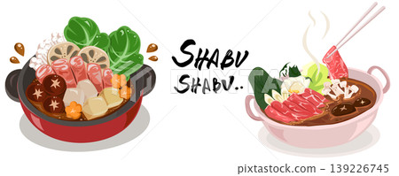 Japanese Shabu Shabu and Sukiyaki hot pot set with sliced beef, vegetables, mushrooms and tofu, hand-drawn vector illustration. Japanese Shabu Shabu and Sukiyaki hot pot set with sliced beef, vegetables, mushrooms and tofu, hand-drawn vector illustration. 139226745