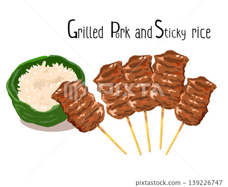Thai traditional street food grilled pork skewers with sticky rice in banana leaf bowl, vector illustration. Thai traditional street food grilled pork skewers with sticky rice in banana leaf bowl, vector illustration. 139226747