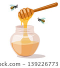 Honey dripping from wooden dipper into a glass jar with cute bees flying, vector illustration. 139226773