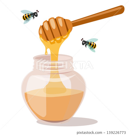 Honey dripping from wooden dipper into a glass jar with cute bees flying, vector illustration. 139226773
