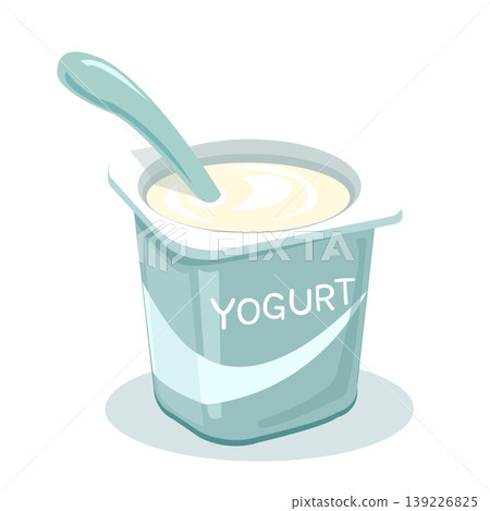 Yogurt cup with spoon, plastic container of creamy dairy product, healthy breakfast snack, vector illustration. Yogurt cup with spoon, plastic container of creamy dairy product, healthy breakfast snack, vector illustration. 139226825