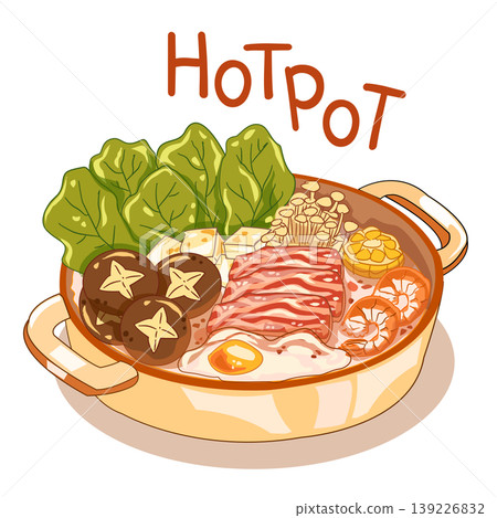 Japanese Hot Pot or Sukiyaki set with sliced meat, seafood, egg and vegetables, vector illustration. Japanese Hot Pot or Sukiyaki set with sliced meat, seafood, egg and vegetables, vector illustration. 139226832