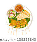 Thai grilled pork satay set with peanut sauce, cucumber relish and toasted bread, vector illustration. 139226843
