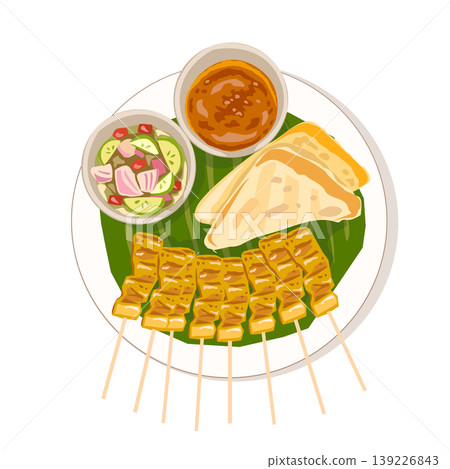 Thai grilled pork satay set with peanut sauce, cucumber relish and toasted bread, vector illustration. Thai grilled pork satay set with peanut sauce, cucumber relish and toasted bread, vector illustration. 139226843