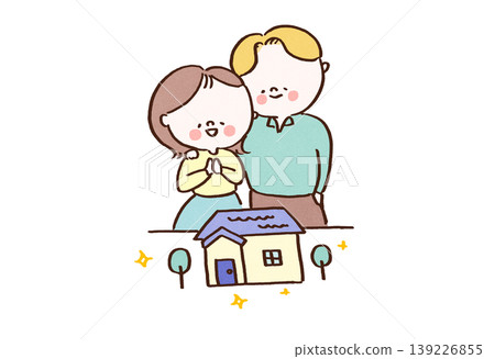 An illustration of a close couple gathered around a model house, discussing their dreams of owning their own home (Life planning, mortgage). An illustration of a close couple gathered around a model house, discussing their dreams of owning their own home (Life planning, mortgage). 139226855