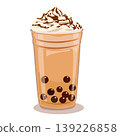 Iced milk tea with tapioca pearls and whipped cream topping, takeaway plastic cup, vector illustration. 139226858