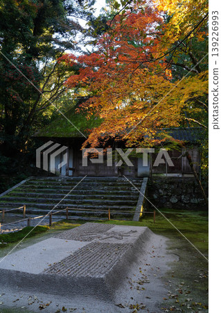 The white sand garden and autumn leaves of the maple trees at Honen-in Temple 139226993