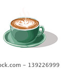 Hot coffee latte cup with beautiful latte art heart shape in green ceramic cup, vector illustration. 139226999