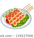Thai grilled meatballs on a plate with spicy sweet chili sauce, fresh cucumber, tomato and lettuce, vector illustration. 139227006