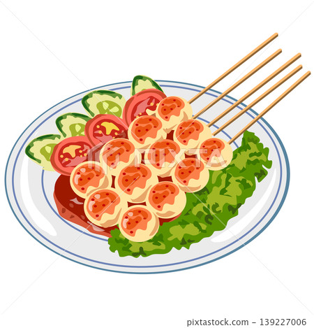 Thai grilled meatballs on a plate with spicy sweet chili sauce, fresh cucumber, tomato and lettuce, vector illustration. Thai grilled meatballs on a plate with spicy sweet chili sauce, fresh cucumber, tomato and lettuce, vector illustration. 139227006