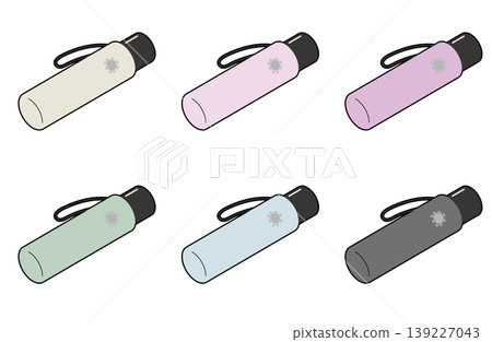 Isometric illustration of six folding parasols in a cover. Isometric illustration of six folding parasols in a cover. 139227043