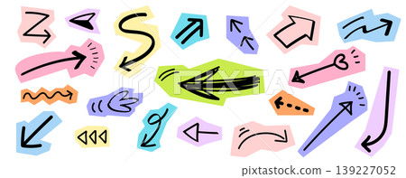A scrapbook collection of handwritten arrows. A set of pop art, doodle-style arrow vector illustrations. A scrapbook collection of handwritten arrows. A set of pop art, doodle-style arrow vector illustrations. 139227052