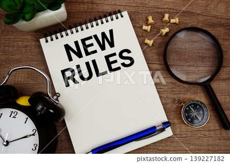 New Rules text written on notepad with alarm clock, compass and magnifying glass flat lay on wooden background 139227182