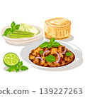 Traditional Thai spicy minced pork salad (Larb Moo) with sticky rice, fresh vegetables and lime, vector illustration. 139227263