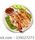 Thai grilled pork neck sliced on banana leaf with spicy dipping sauce and cucumber, vector illustration. 139227273