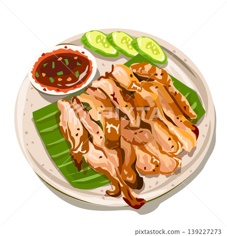 Thai grilled pork neck sliced on banana leaf with spicy dipping sauce and cucumber, vector illustration. Thai grilled pork neck sliced on banana leaf with spicy dipping sauce and cucumber, vector illustration. 139227273