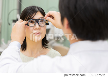 An ophthalmologist adjusts a trial frame, and a woman undergoes an eye exam. 139227594