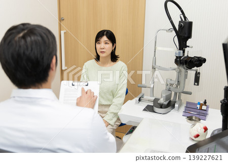 A scene from a consultation between a woman and a doctor at an ophthalmology clinic. A scene from a consultation between a woman and a doctor at an ophthalmology clinic. 139227621
