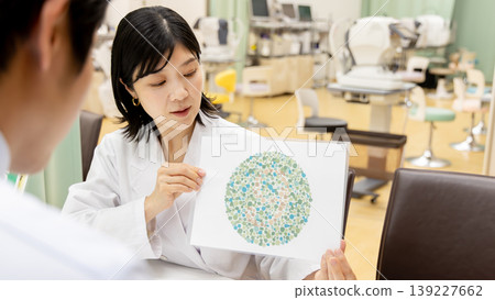 An ophthalmologist and patient performing a color vision test. 139227662