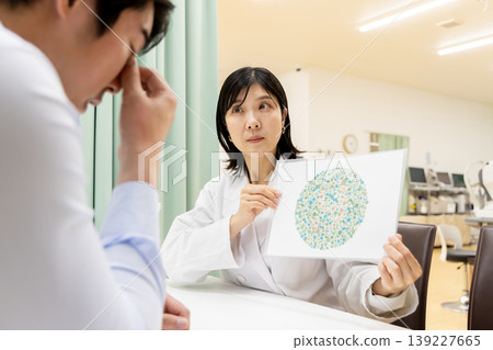 眼科醫生和患者正在進行色覺測試。 139227665