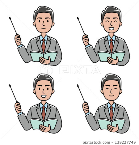 An illustration of a foreign man in a suit explaining something with a pointer stick. An illustration of a foreign man in a suit explaining something with a pointer stick. 139227749