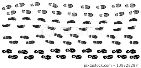 Set Collection of Different Feet Trail Path: Trainers, Business Man Shoes, Barefoot Feet and Mountain Boots 139228287