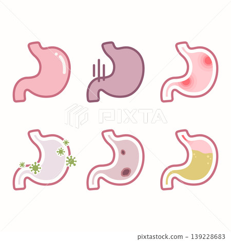 Stomach Health Conditions Icon Set: Gastritis, Acid Reflux, Infection, and Ulcer Illustration Stomach Health Conditions Icon Set: Gastritis, Acid Reflux, Infection, and Ulcer Illustration 139228683