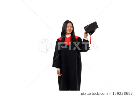 A graduate in a gown holds a cap, isolated, PNG 139228692
