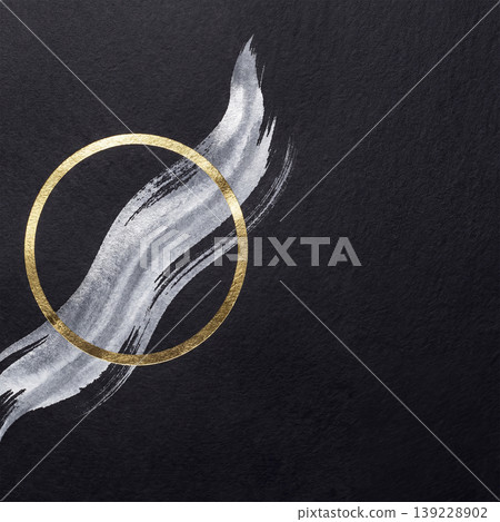 A modern white background featuring intersecting gold rings and silver brushstrokes on black Japanese paper. A modern white background featuring intersecting gold rings and silver brushstrokes on black Japanese paper. 139228902