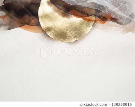 一個巨大的金色圓圈漂浮在上方，背景是琥珀色的水彩畫。 139228916