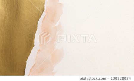 The background is divided by a tear, with matte gold leaf on the left and peach-colored watercolor on the right. 139228924