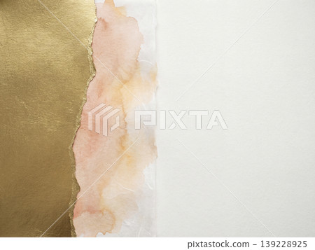 The background is divided by a tear, with matte gold leaf on the left and peach-colored watercolor on the right. 139228925