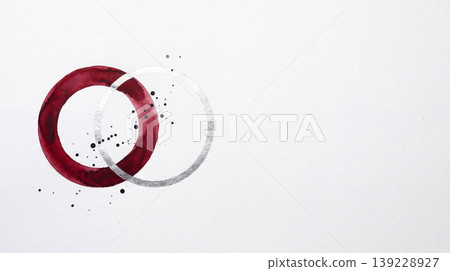 Crimson red watercolor circles intersecting on the left, with a modern Japanese paper background featuring silver foil. 139228927