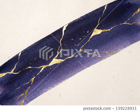 A diagonal watercolor gradient of indigo and purple against a washi paper background with cracks reminiscent of kintsugi (gold repair). 139228931