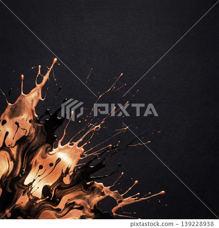 A dynamic, modern background of liquid copper and ink bursting forth from the lower left of black Japanese paper. A dynamic, modern background of liquid copper and ink bursting forth from the lower left of black Japanese paper. 139228938