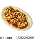 Japanese street food Takoyaki octopus balls on a plate with sauce, mayonnaise and bonito flakes, vector illustration. 139229200