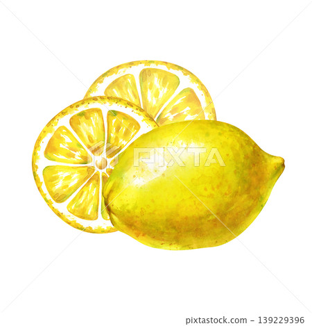Watercolor illustration with one whole yellow lemon and two round juicy slices isolated on a white background. Perfect for organic juice packaging, lemonade labels, kitchen decor, healthy lifestyle Watercolor illustration with one whole yellow lemon and two round juicy slices isolated on a white background. Perfect for organic juice packaging, lemonade labels, kitchen decor, healthy lifestyle 139229396