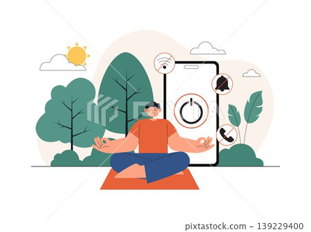 Digital Detox Vector Illustration Featuring Screen Time Reduction, Offline Lifestyle, Smartphone Disconnection, Relaxation, Outdoor Activity Design Digital Detox Vector Illustration Featuring Screen Time Reduction, Offline Lifestyle, Smartphone Disconnection, Relaxation, Outdoor Activity Design 139229400