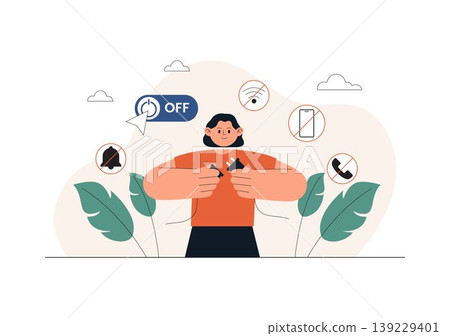 Digital Detox Vector Illustration Featuring Screen Time Reduction, Offline Lifestyle, Smartphone Disconnection, Relaxation, Outdoor Activity Design Digital Detox Vector Illustration Featuring Screen Time Reduction, Offline Lifestyle, Smartphone Disconnection, Relaxation, Outdoor Activity Design 139229401