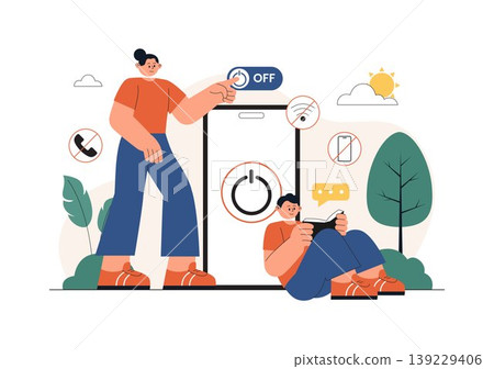 Digital Detox Vector Illustration Featuring Screen Time Reduction, Offline Lifestyle, Smartphone Disconnection, Relaxation, Outdoor Activity Design Digital Detox Vector Illustration Featuring Screen Time Reduction, Offline Lifestyle, Smartphone Disconnection, Relaxation, Outdoor Activity Design 139229406