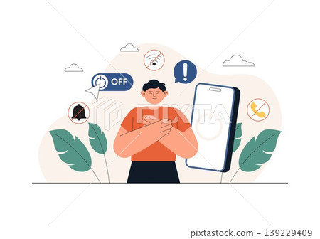 Digital Detox Vector Illustration Featuring Screen Time Reduction, Offline Lifestyle, Smartphone Disconnection, Relaxation, Outdoor Activity Design 139229409
