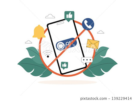 Digital Detox Vector Illustration Featuring Screen Time Reduction, Offline Lifestyle, Smartphone Disconnection, Relaxation, Outdoor Activity Design Digital Detox Vector Illustration Featuring Screen Time Reduction, Offline Lifestyle, Smartphone Disconnection, Relaxation, Outdoor Activity Design 139229414