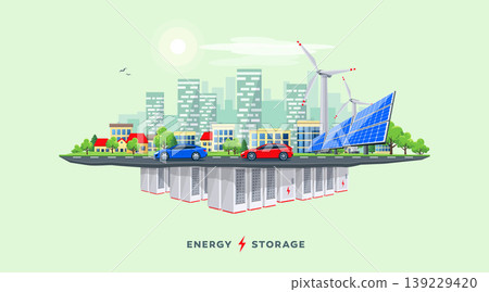 Electric Power Station and Underground Battery Storage System with Urban City Island Skyline Street Electric Power Station and Underground Battery Storage System with Urban City Island Skyline Street 139229420