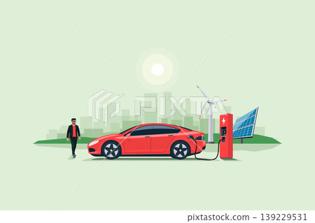 Electric Car Charging at the Charging Station with Renewable Solar Wind and City Skyline 139229531