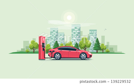 Electric Car Charging at the Charging Station with City 139229532
