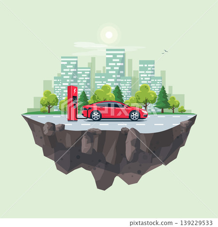 Electric Car Charging at the Charging Station with City on Globe Island 139229533