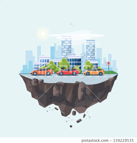 Parking Cars on the Street with City Earth Island Background 139229535