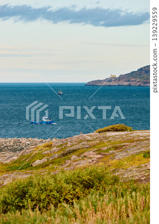 pleasure boats in the sea, the coast of the Barents Sea, Russia, the rocky shore with colourful arctic carpet of moss, yagel, Tundra at autumn, Murmansk region pleasure boats in the sea, the coast of the Barents Sea, Russia, the rocky shore with colourful arctic carpet of moss, yagel, Tundra at autumn, Murmansk region 139229559
