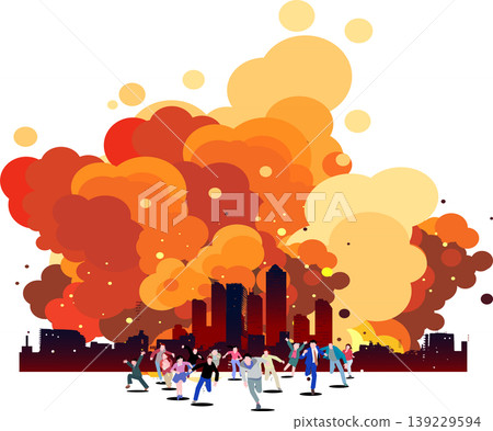 Vector illustration of people fleeing from explosions and fires in a major city. Includes space for copying. Vector illustration of people fleeing from explosions and fires in a major city. Includes space for copying. 139229594